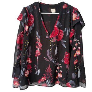 Floral V-Neck Chiffon Blouse A New Day L Black Red Pink Floral Print Long Sleeve